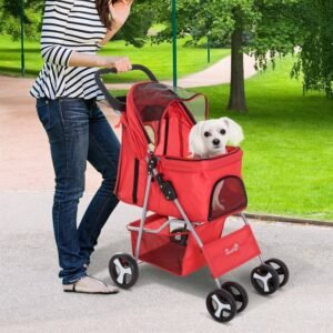 Cochecito Plegable Mascotas 75×46×94 cm Perro Gato Carrito Ruedas Giran 360º con Freno Rojo