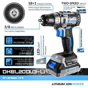DEKO-Taladro Inalámbrico sin escobillas, destornillador eléctrico de 20V máx, 42n. M, configuración de par de 18 + 1, herramientas eléctricas de 2 velocidades (DKBL20DU3)