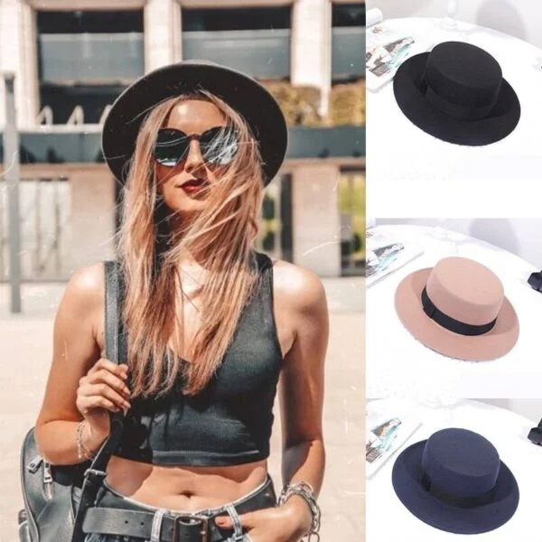 Sombrero de lana clásico para mujer, de Color sólido sombrero de fieltro, ala plana ancha, Jazz, Primavera-Verano Complementos mujer MODA MUJER homo.cat https://homo.cat/product/sombrero-de-lana-clasico-para-mujer-de-color-solido-sombrero-de-fieltro-ala-plana-ancha-jazz-primavera-verano/