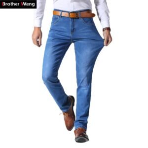Hermano Wang estilo clásico pantalones vaqueros de marca para hombres Casual de negocios de vaquera de corte Slim elástico pantalones luz azul negro Pantalones Hombre