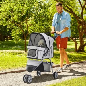 PawHut-carrito plegable para mascotas, ruedas para perros y gatos, color gris, 75x45x97 cm